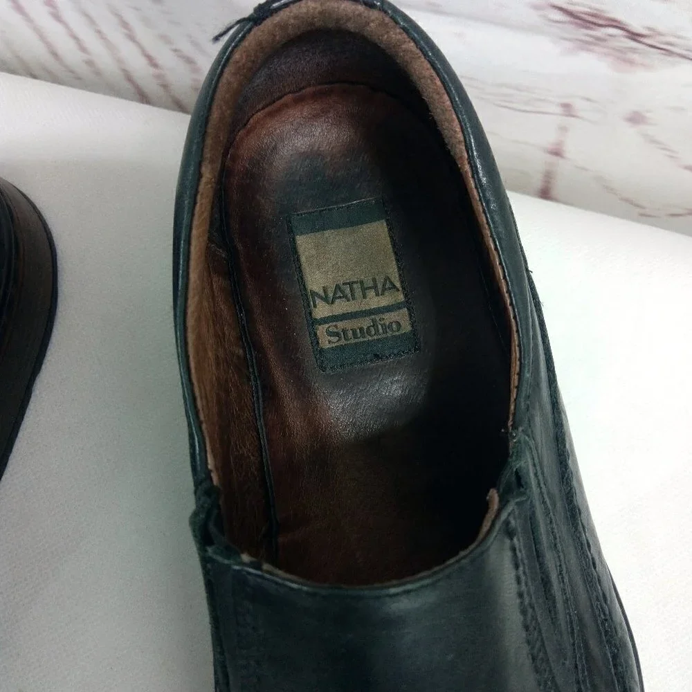 Natha Studio Black Leather Slip On Loafer Shoes